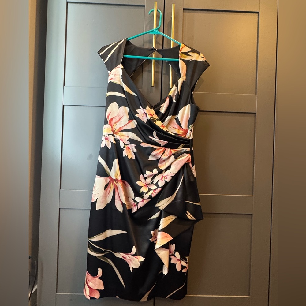 Maggy London Black and Pink Floral Asymmetrical Dress